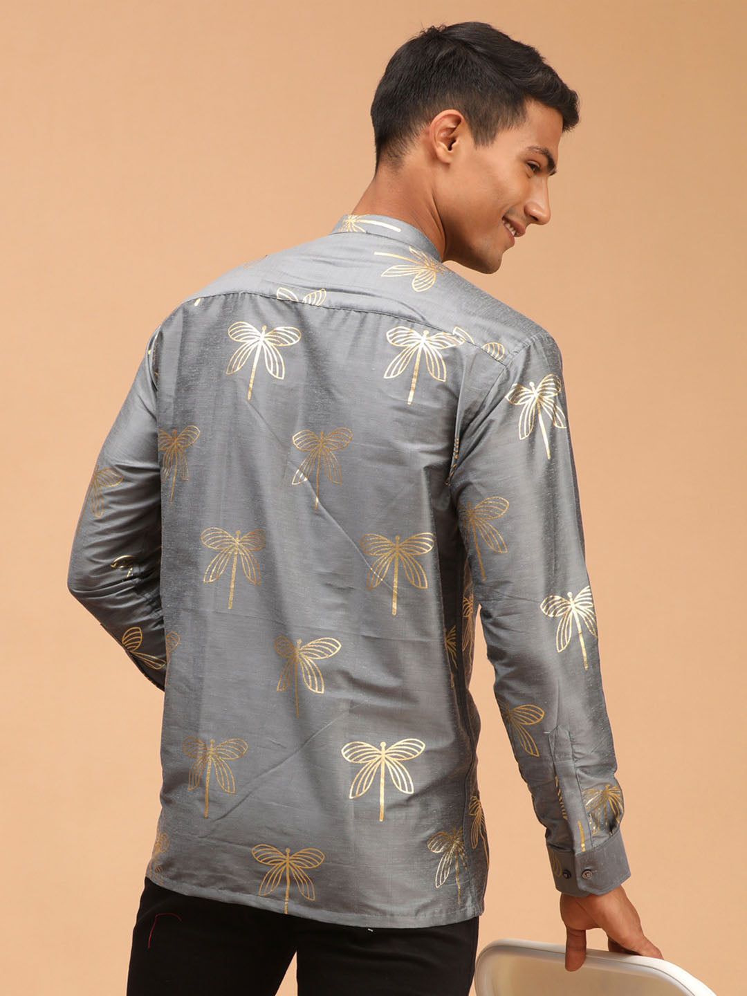 Men's Grey Viscose Straight Ethnic Shirt