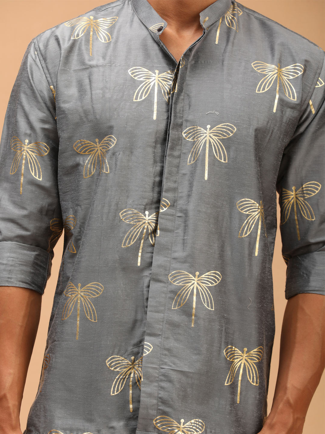 Men's Grey Viscose Straight Ethnic Shirt