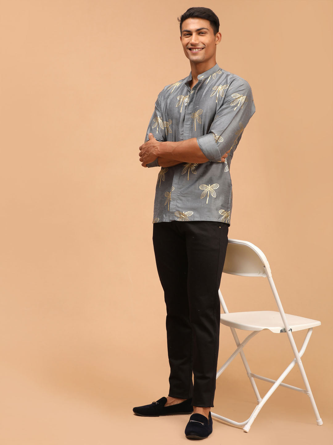 Men's Grey Viscose Straight Ethnic Shirt