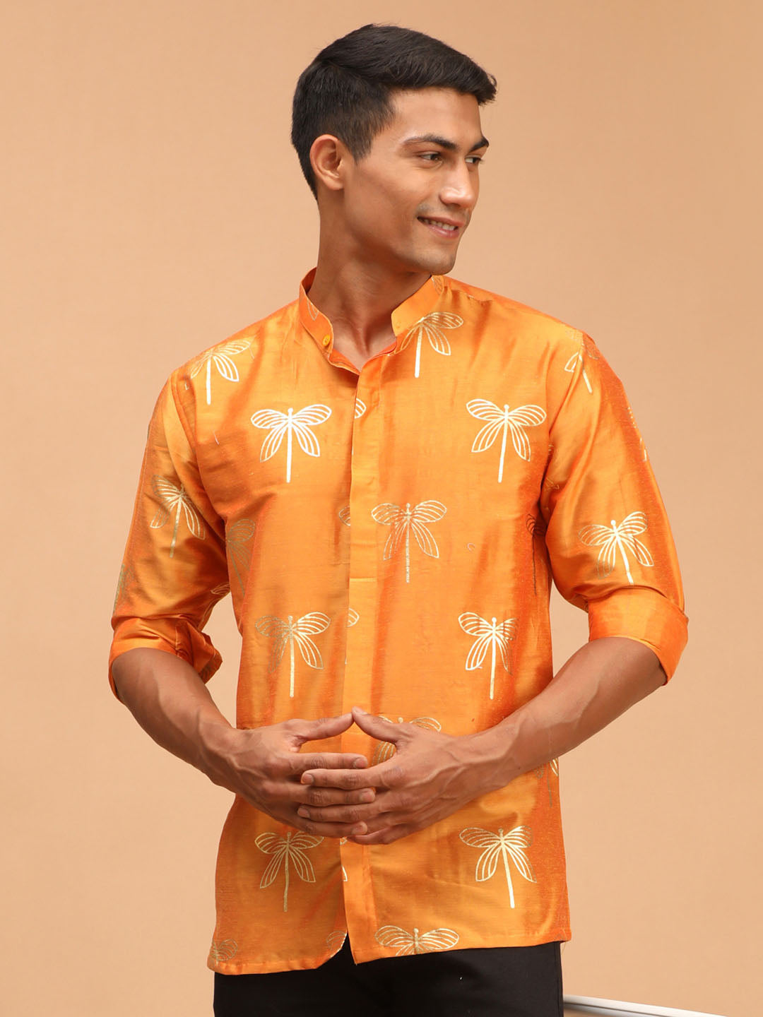 Men's Orange Viscose Straight Ethnic Shirt