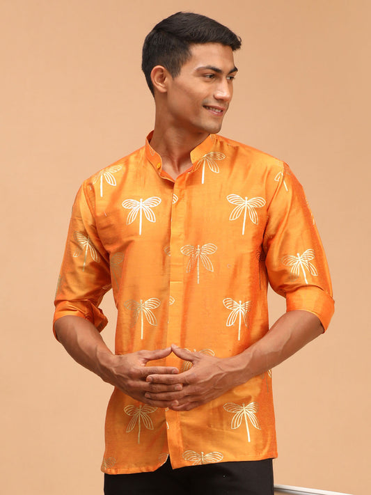 Men's Orange Viscose Straight Ethnic Shirt