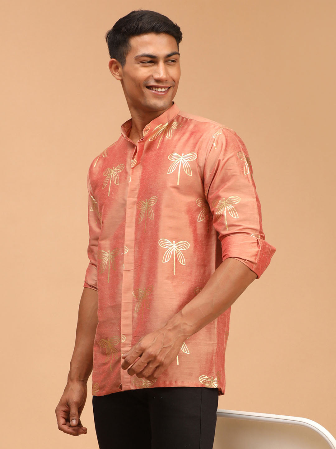 Men's Pink Viscose Straight Ethnic Shirt