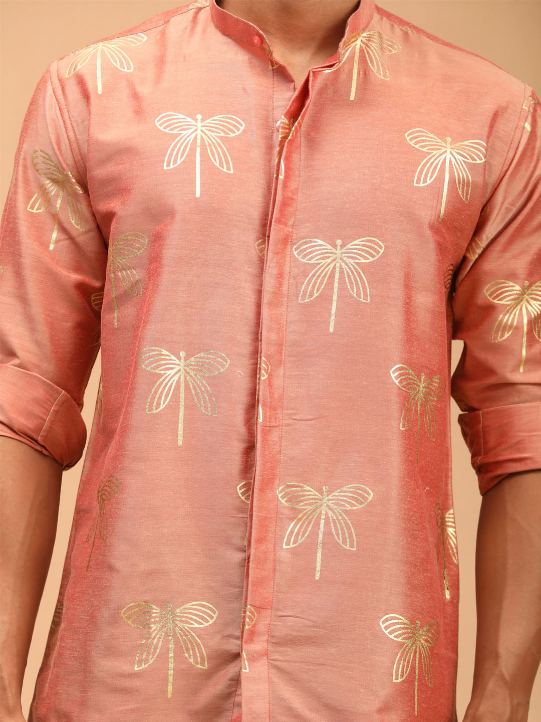 Men's Pink Viscose Straight Ethnic Shirt