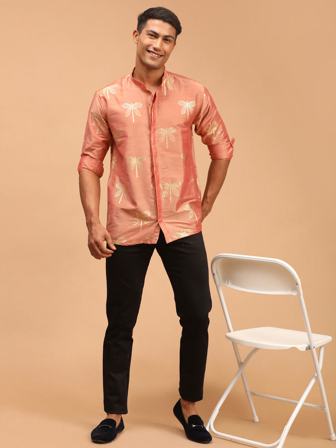 Men's Pink Viscose Straight Ethnic Shirt