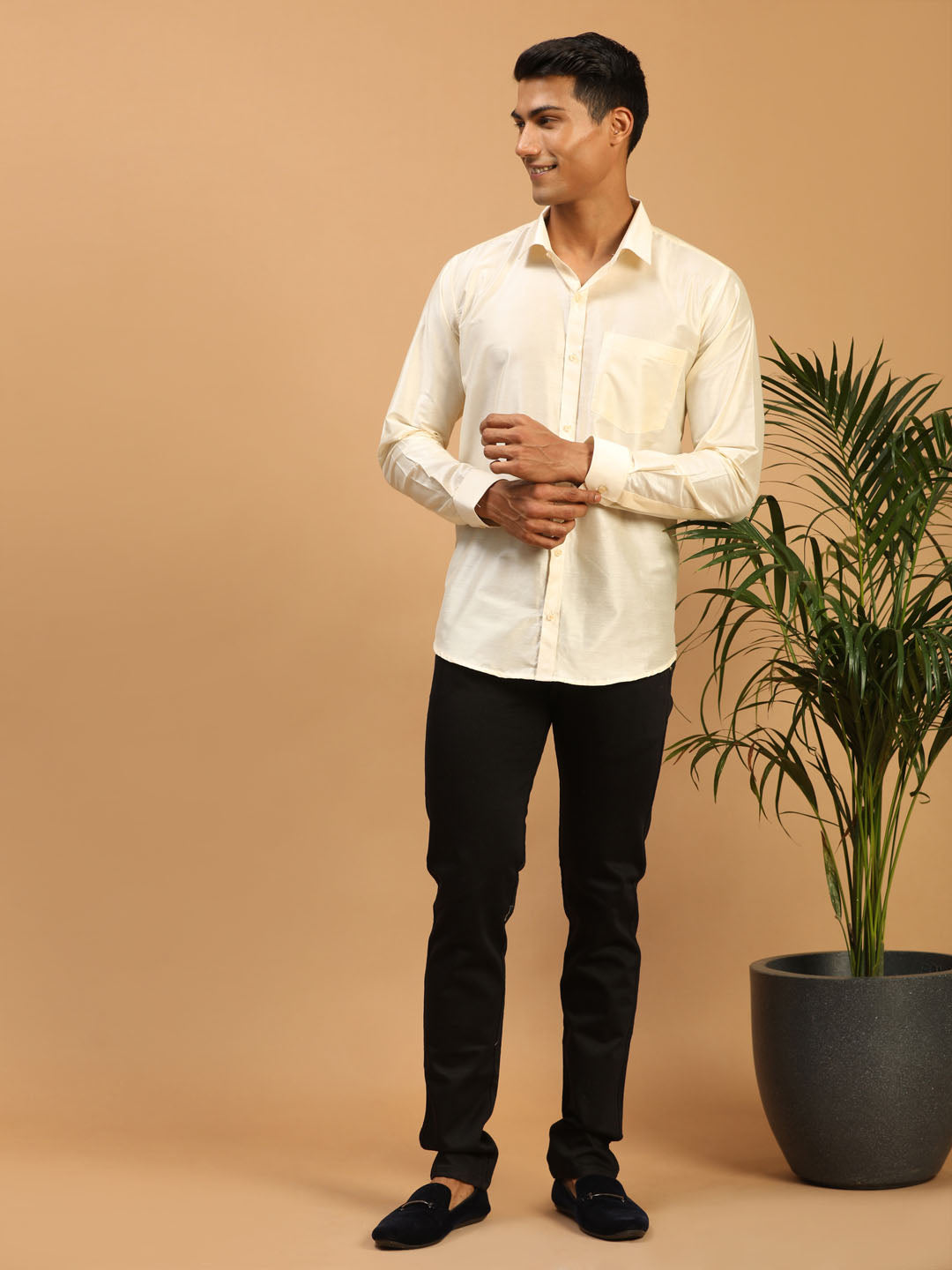 Men's Cream Viscose Straight Ethnic Shirt