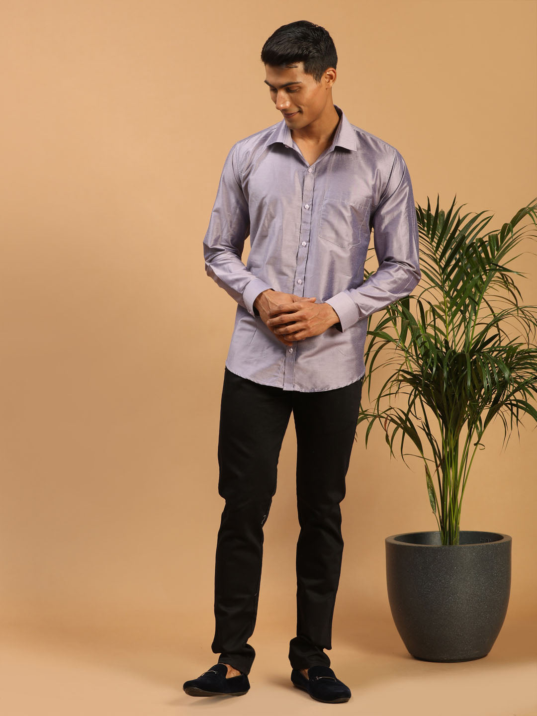 Men's Purple Viscose Straight Ethnic Shirt