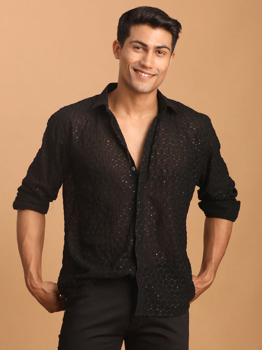 Men's Black Georgette Straight Ethnic Shirt