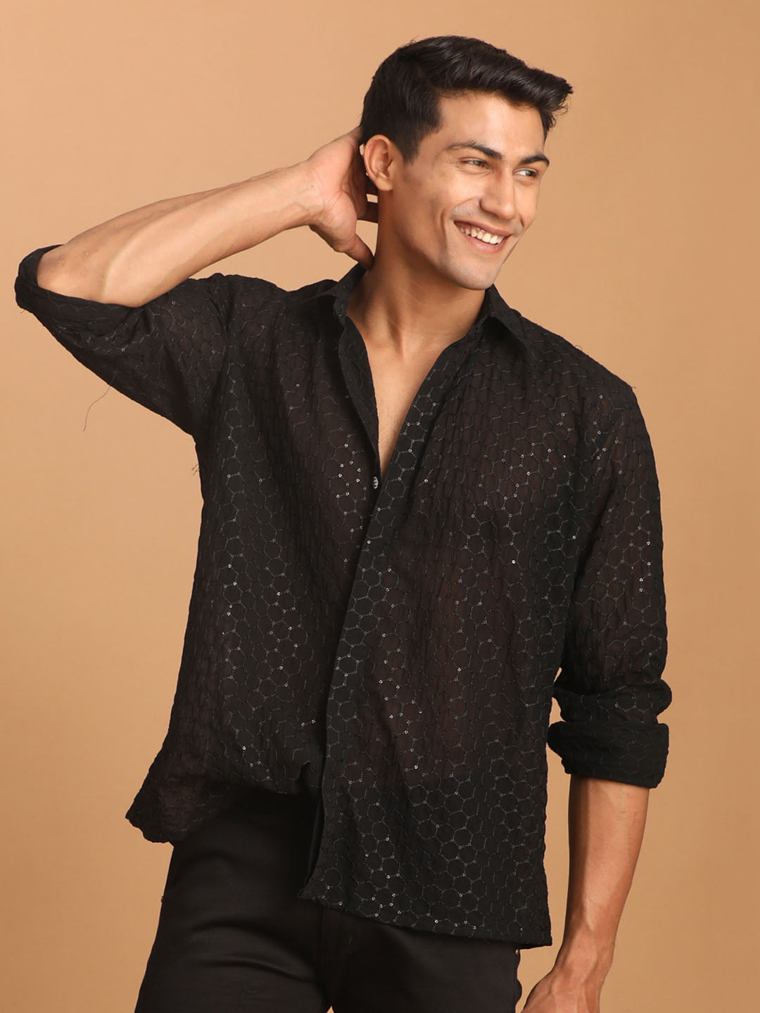 Men's Black Georgette Straight Ethnic Shirt