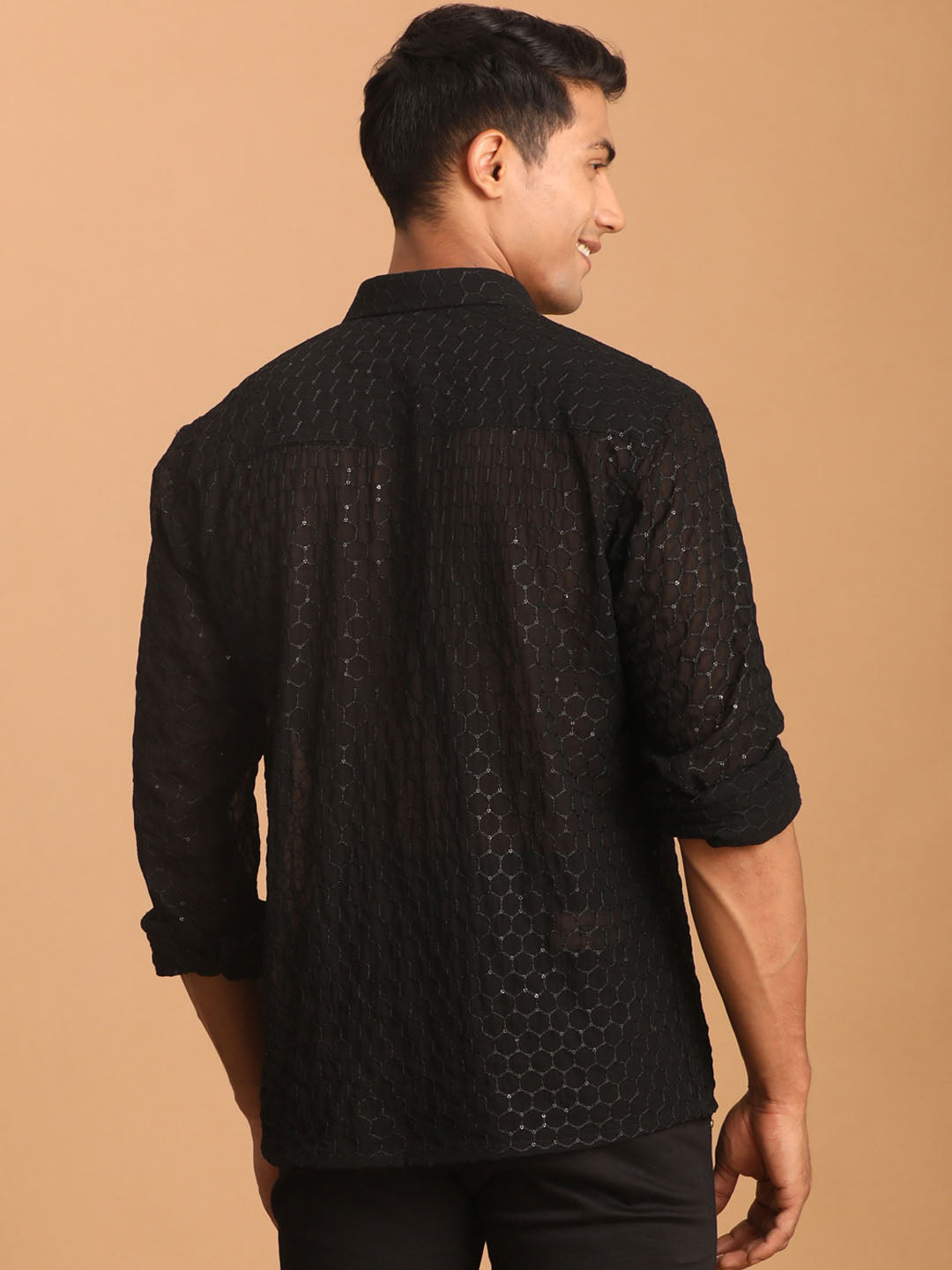 Men's Black Georgette Straight Ethnic Shirt