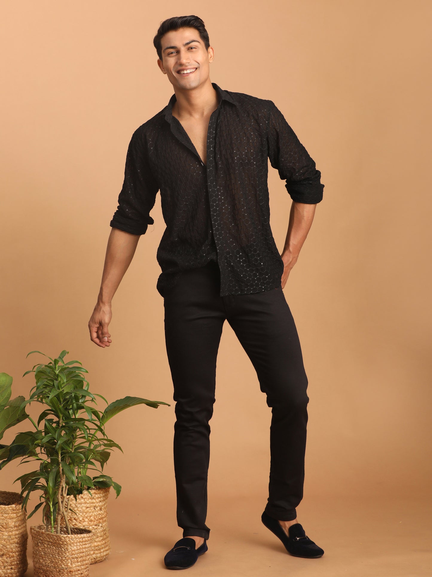 Men's Black Georgette Straight Ethnic Shirt