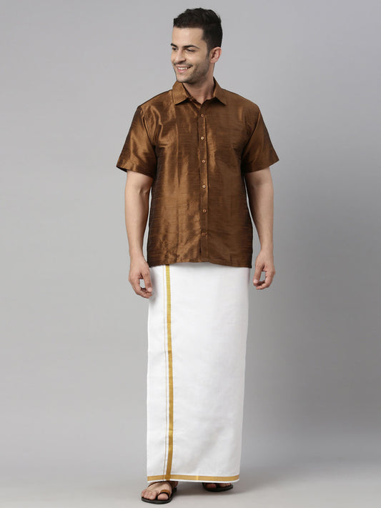 Men's Coffee Silk Blend Straight Shirt And Mundu