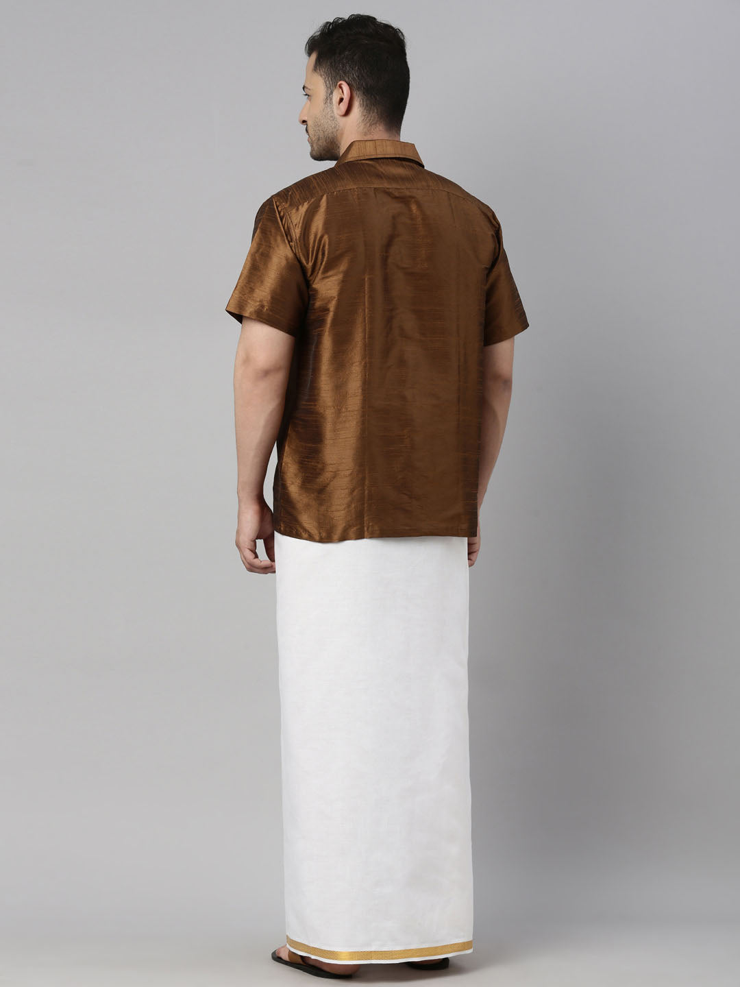 Men's Coffee Silk Blend Straight Shirt And Mundu