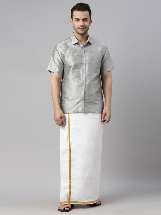 Men's Grey Silk Blend Straight Shirt And Mundu