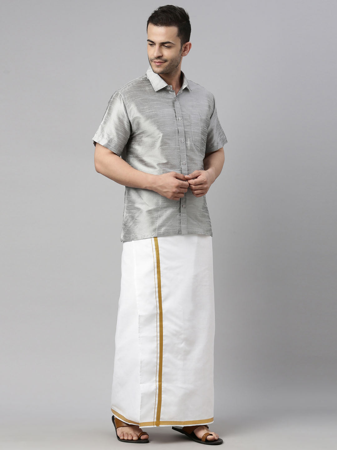 Men's Grey Silk Blend Straight Shirt And Mundu