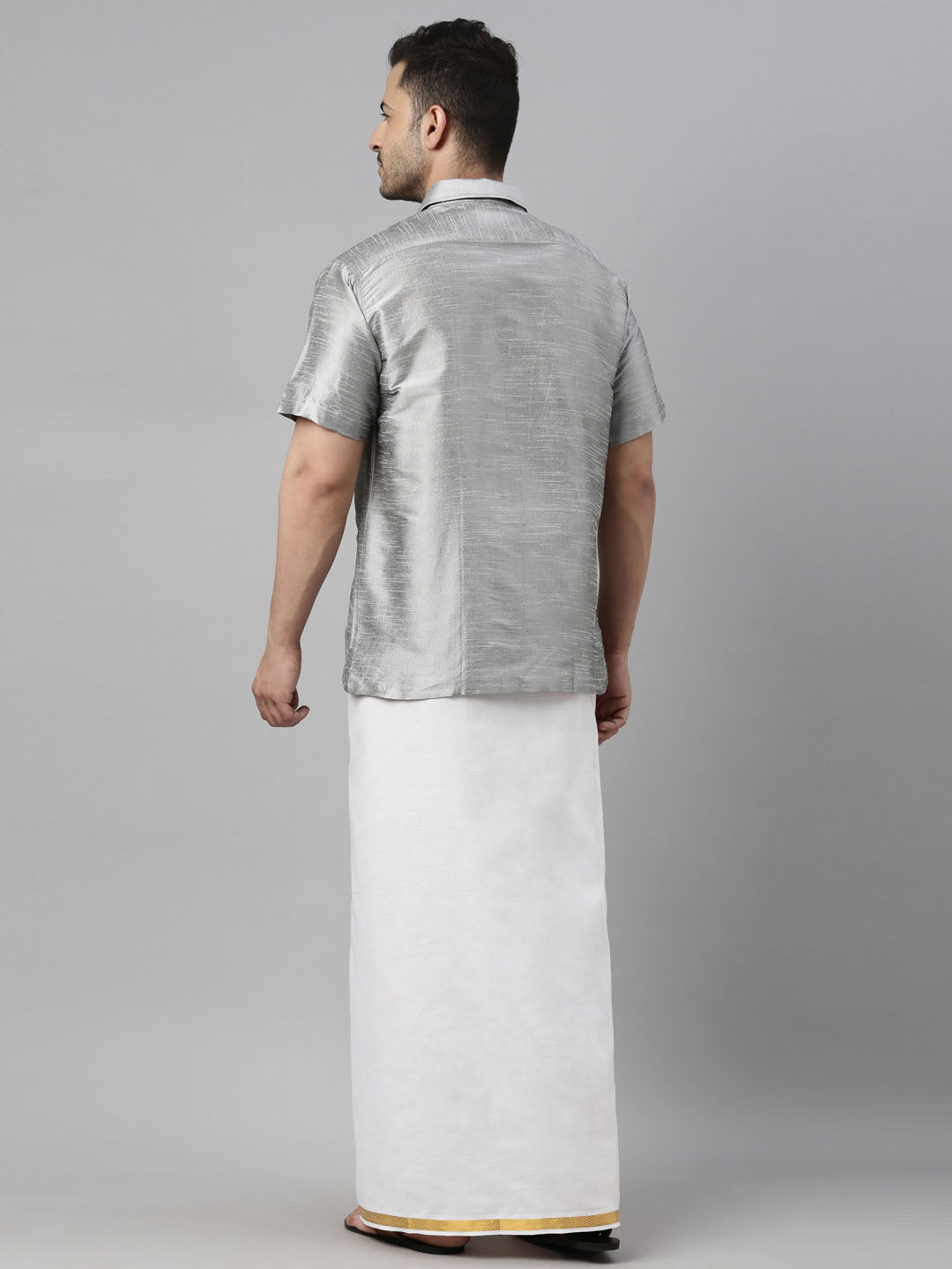 Men's Grey Silk Blend Straight Shirt And Mundu