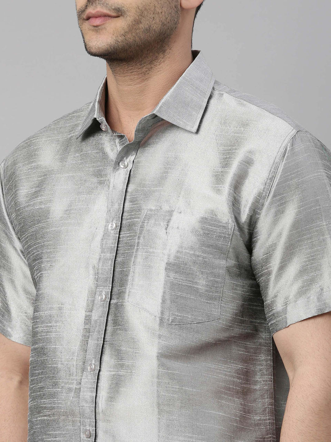 Men's Grey Silk Blend Straight Shirt And Mundu