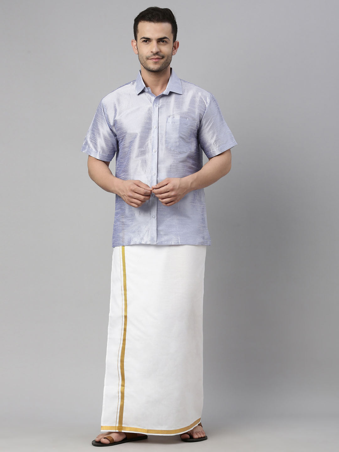Men's Lavender Silk Blend Straight Shirt And Mundu