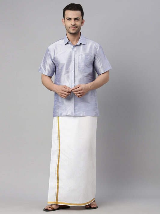 Men's Lavender Silk Blend Straight Shirt And Mundu