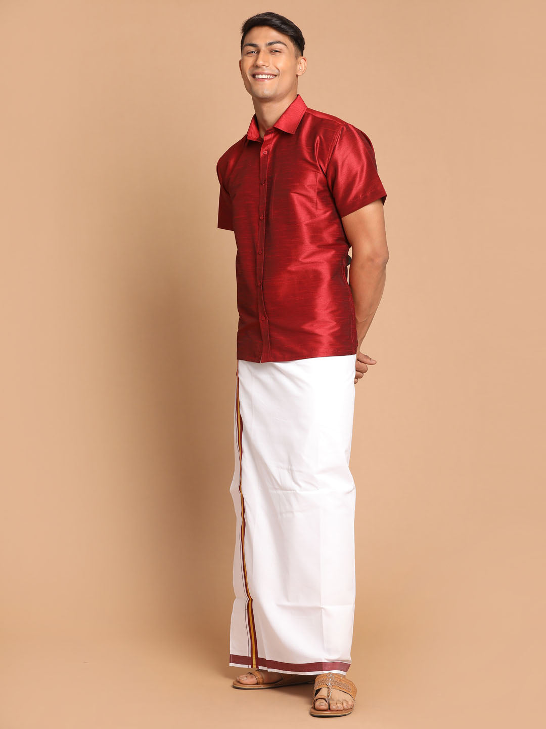 Men's Maroon Silk Blend Straight Shirt And Mundu