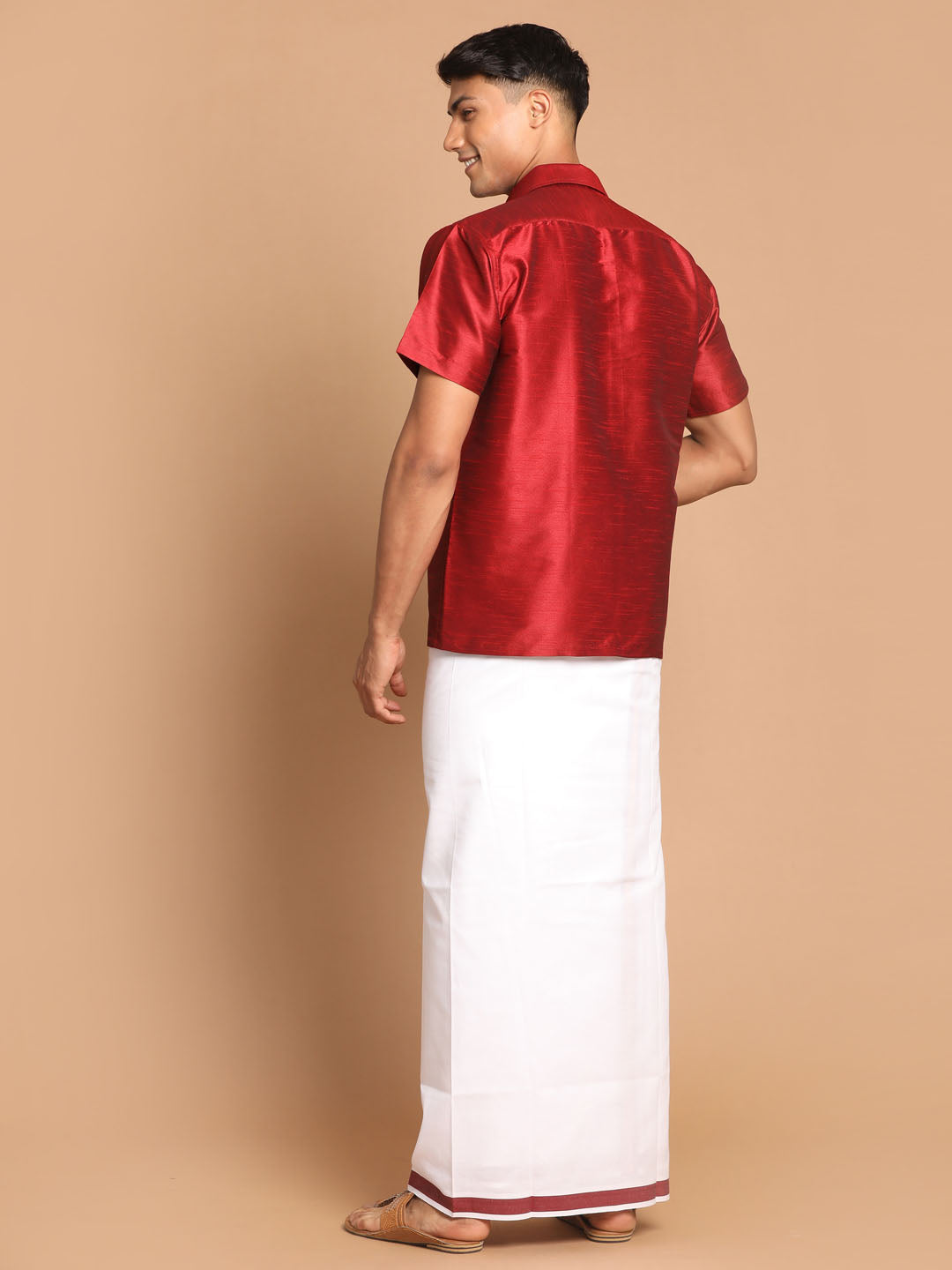 Men's Maroon Silk Blend Straight Shirt And Mundu
