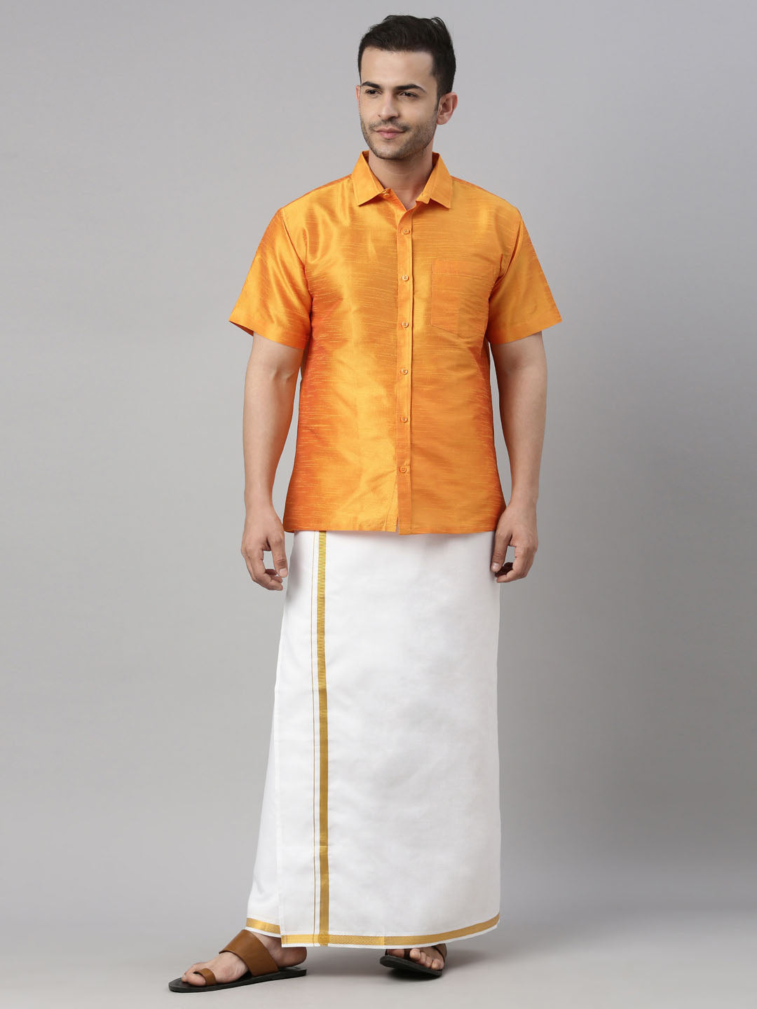 Men's Orange Silk Blend Straight Shirt And Mundu