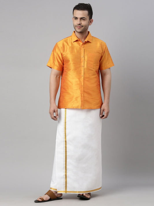 Men's Orange Silk Blend Straight Shirt And Mundu
