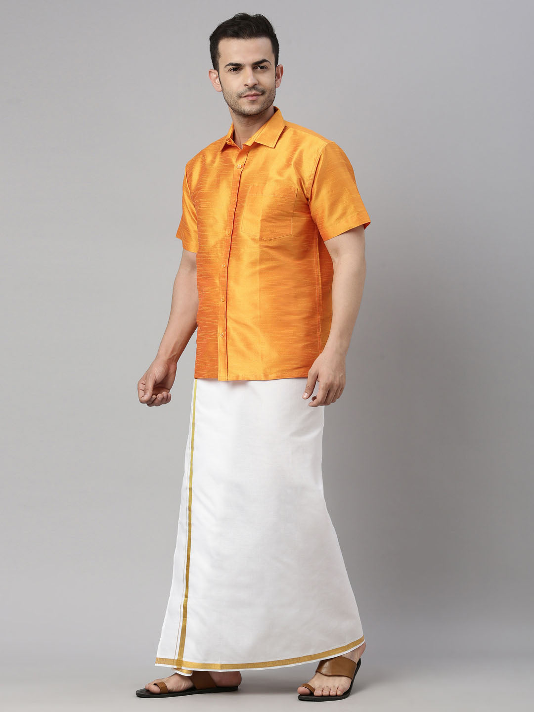 Men's Orange Silk Blend Straight Shirt And Mundu