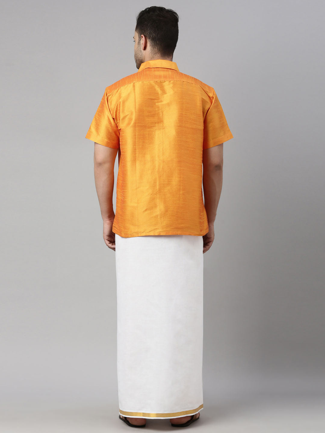 Men's Orange Silk Blend Straight Shirt And Mundu