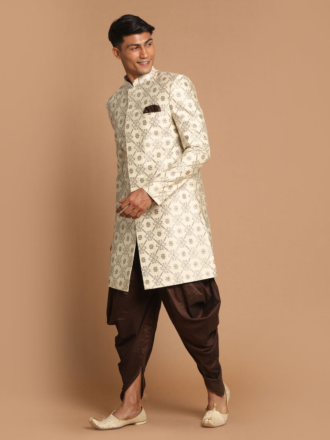 Men's Beige Silk Blend Straight Sherwani Set