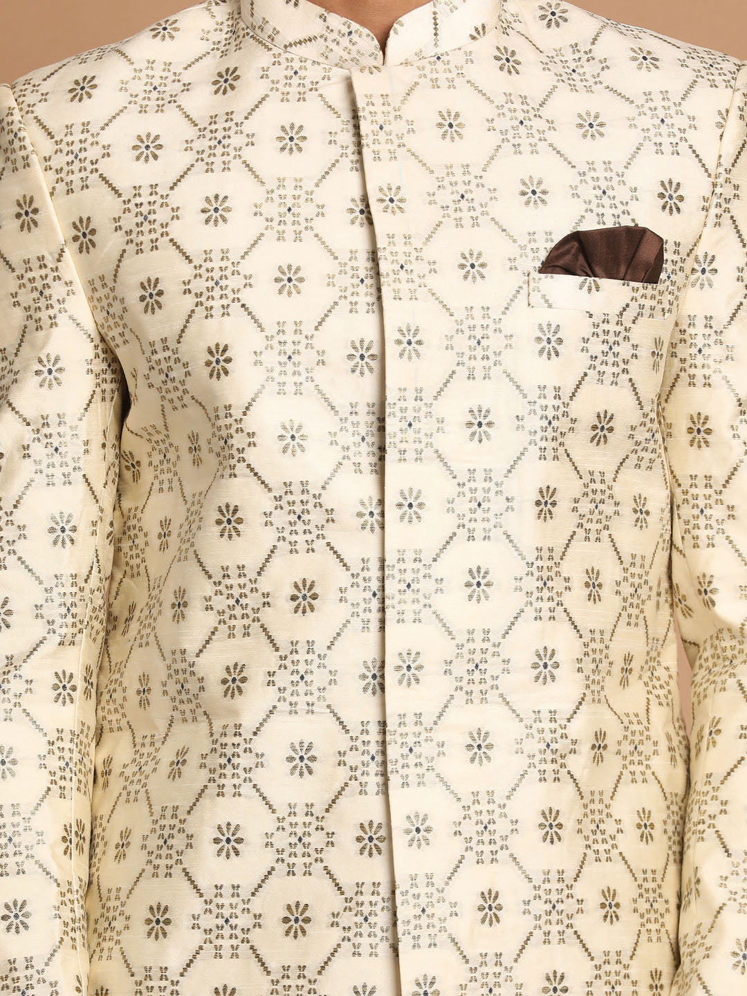 Men's Beige Silk Blend Straight Sherwani Set
