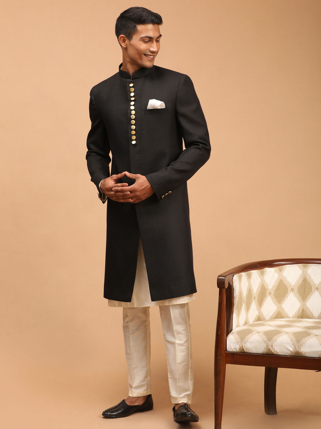 Men's Black Viscose Straight Sherwani Set