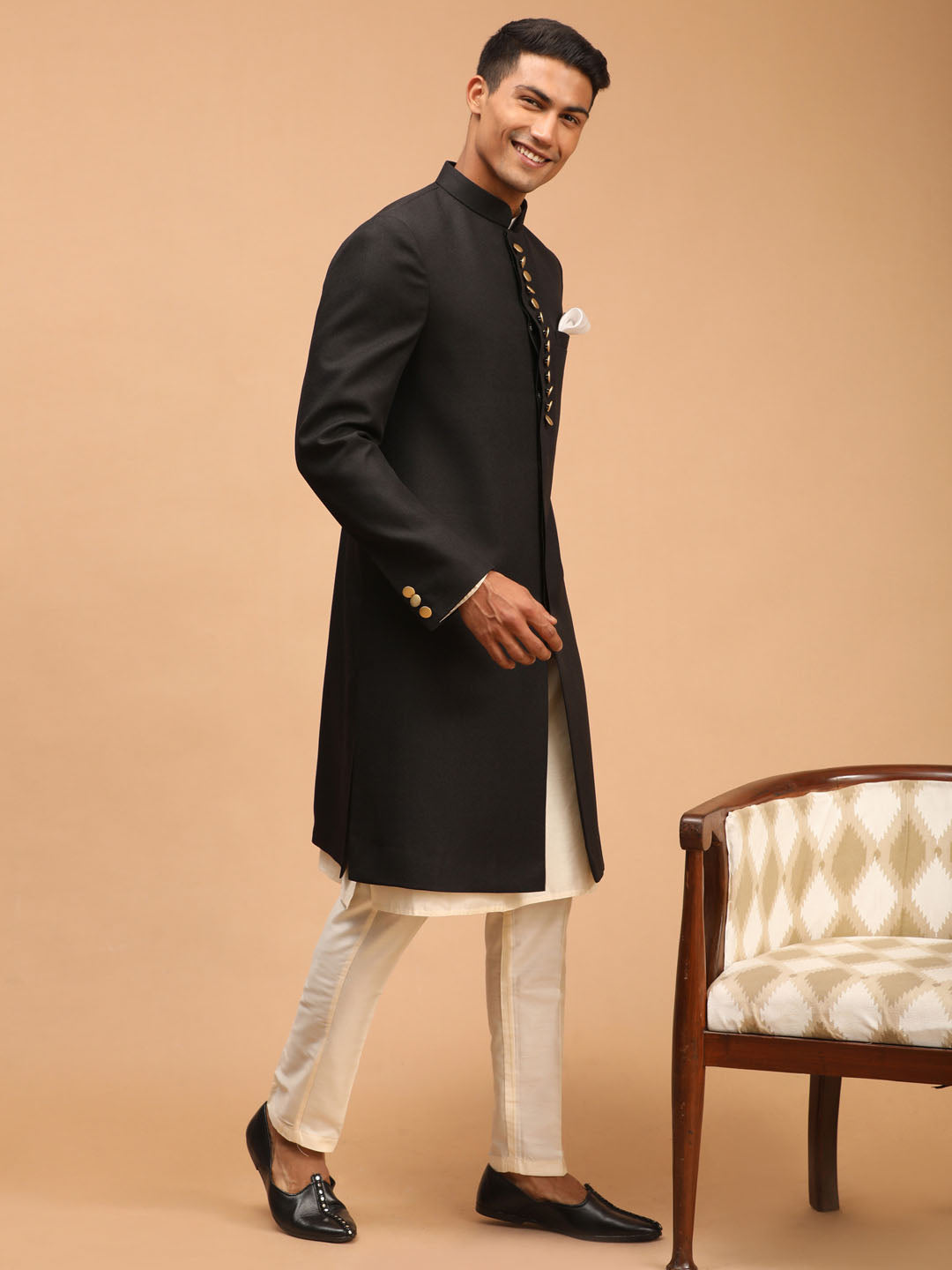 Men's Black Viscose Straight Sherwani Set
