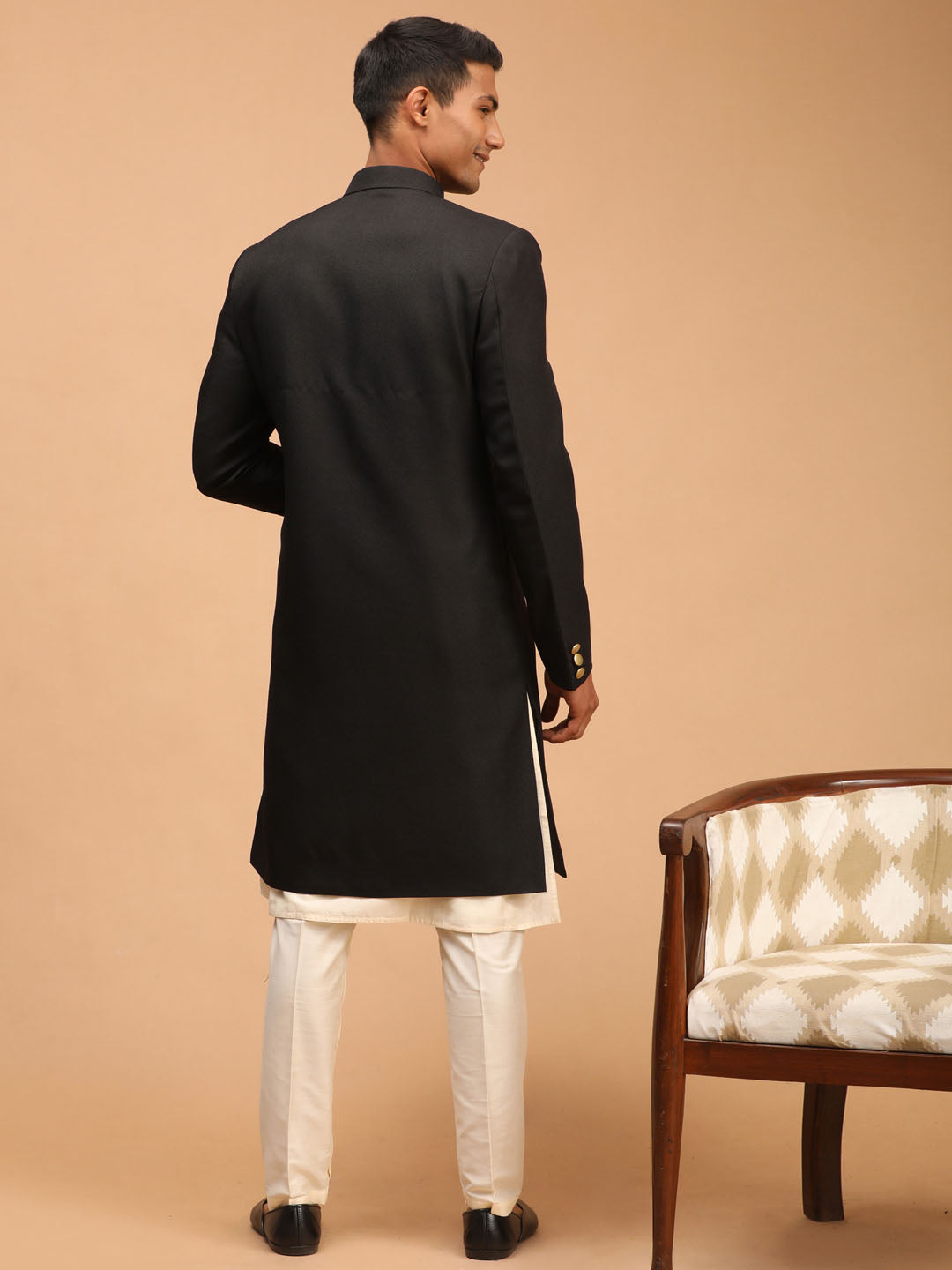 Men's Black Viscose Straight Sherwani Set