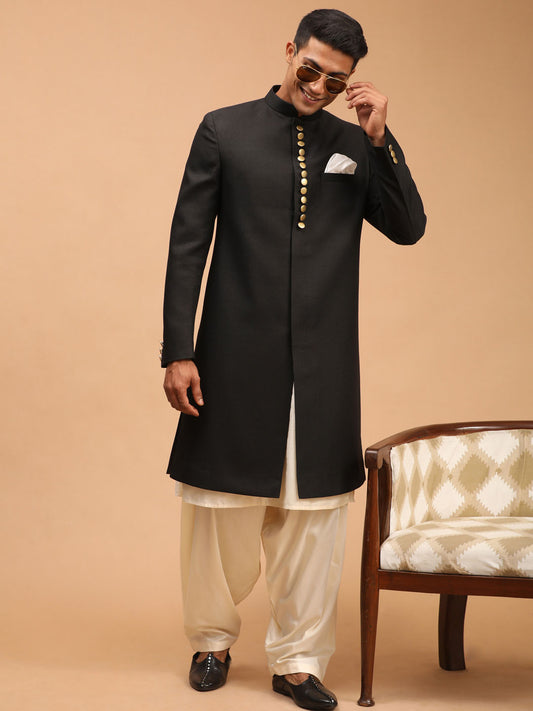 Men's Black Viscose Straight Sherwani Set