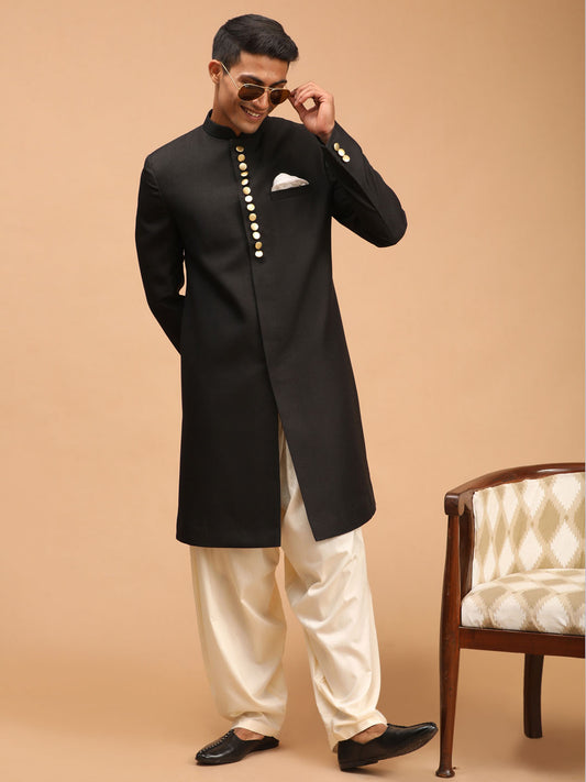 Men's Black Viscose Straight Sherwani Set