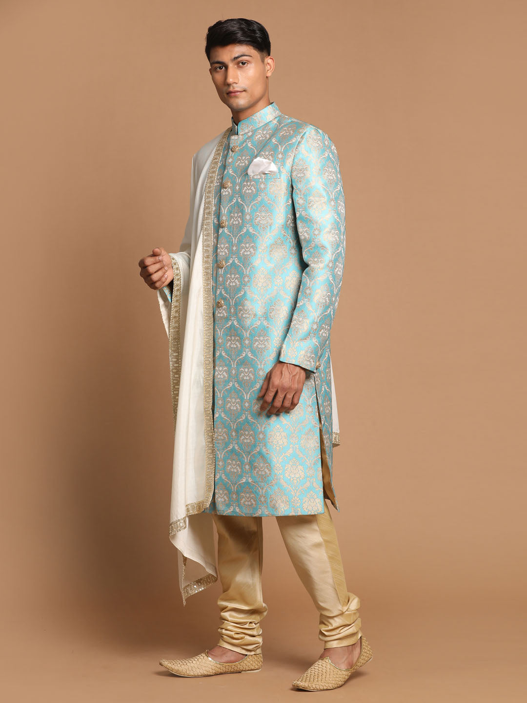 Men's Aqua Silk Blend Straight Sherwani Set