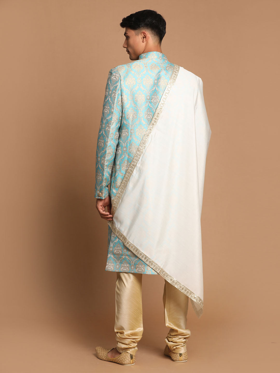 Men's Aqua Silk Blend Straight Sherwani Set