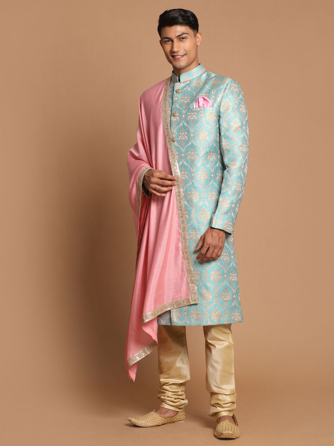 Men's Aqua Silk Blend Straight Sherwani Set