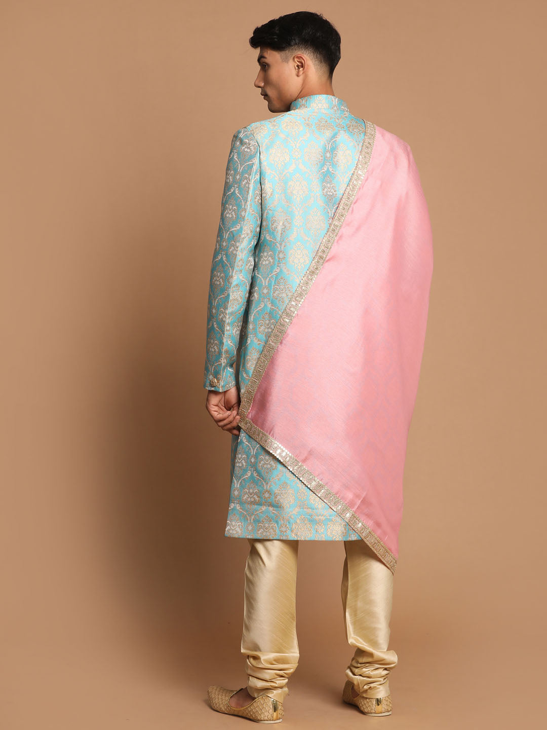 Men's Aqua Silk Blend Straight Sherwani Set