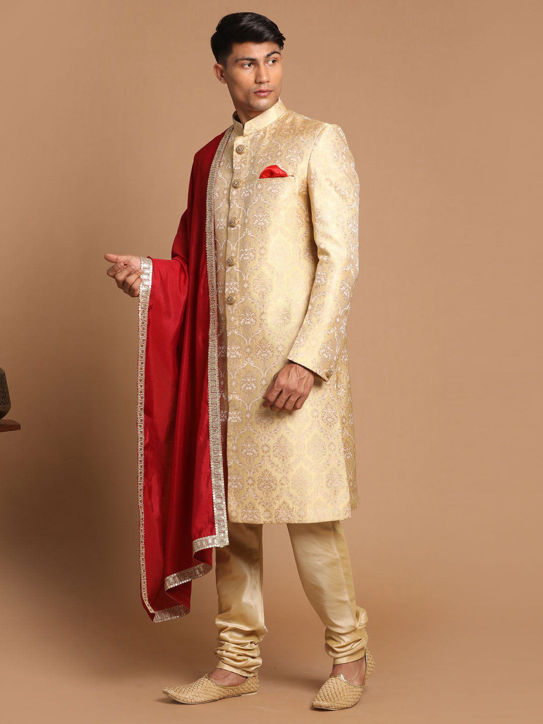 Men's Gold Silk Blend Straight Sherwani Set