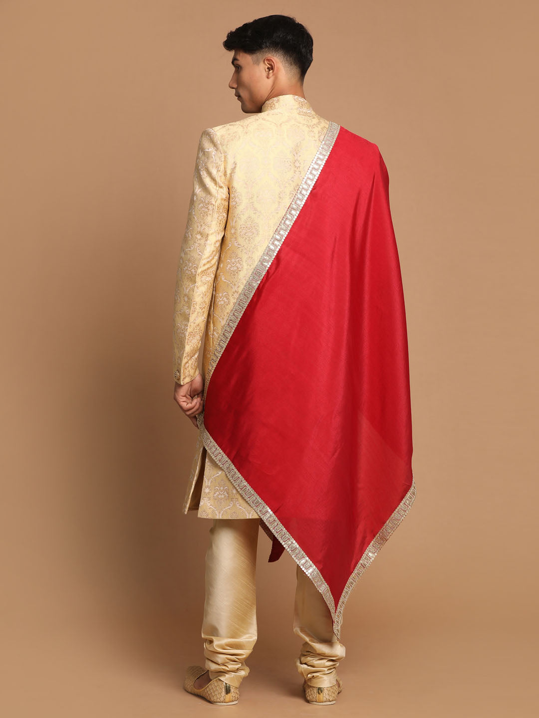 Men's Gold Silk Blend Straight Sherwani Set