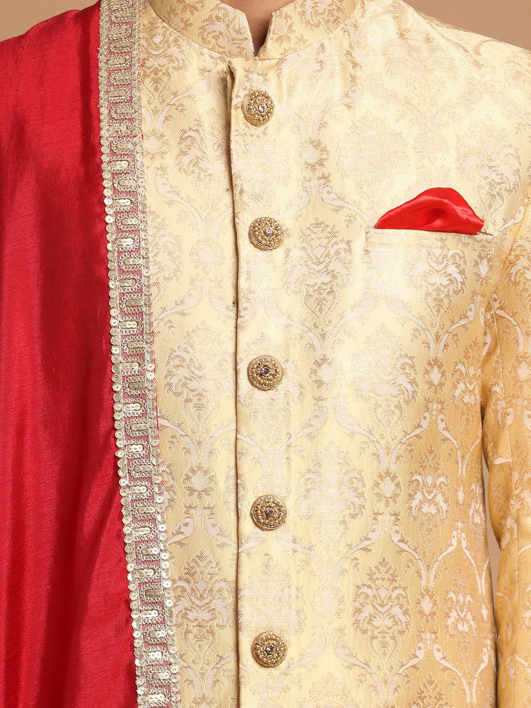 Men's Gold Silk Blend Straight Sherwani Set