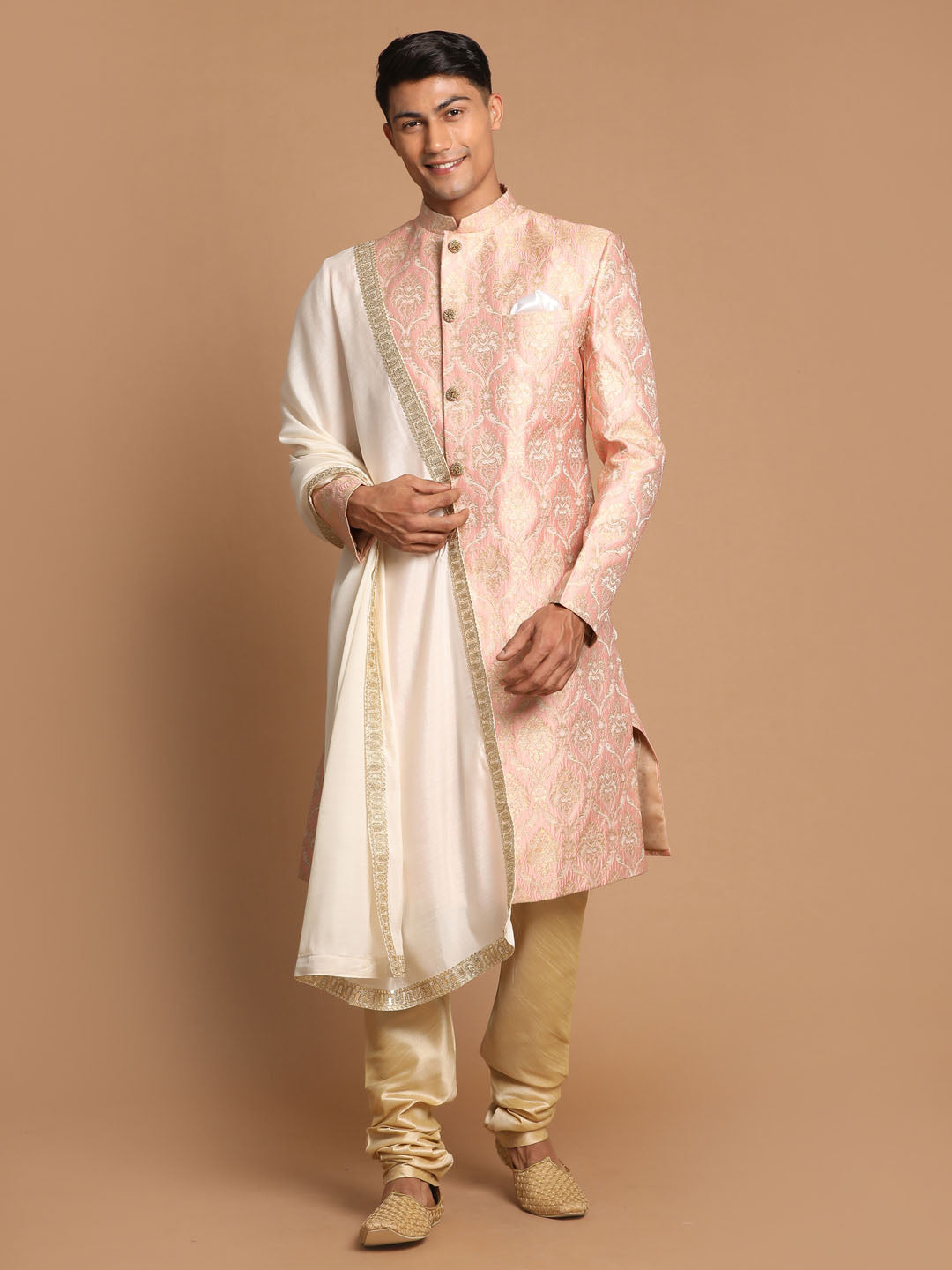 Men's Pink Silk Blend Straight Sherwani Set
