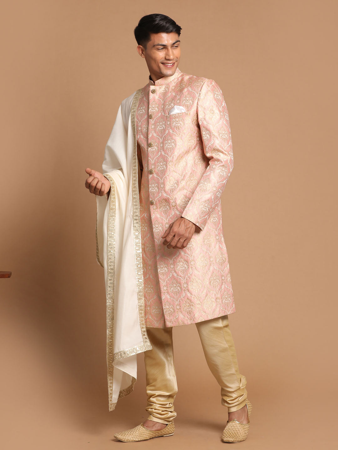 Men's Pink Silk Blend Straight Sherwani Set
