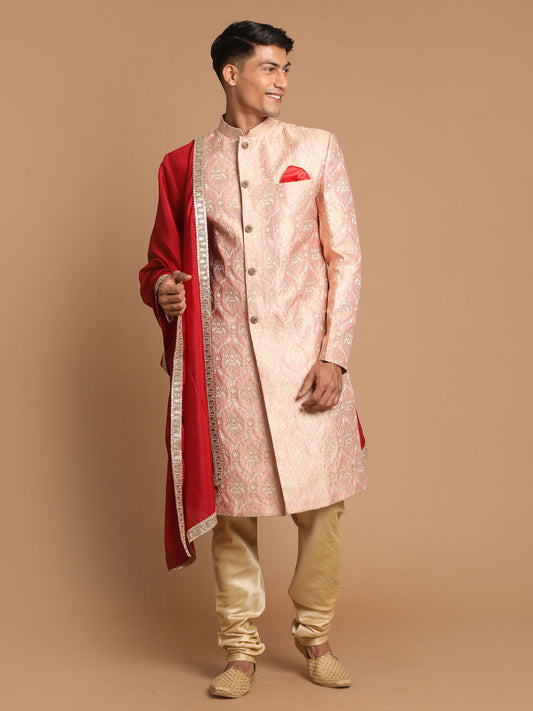 Men's Pink Silk Blend Straight Sherwani Set