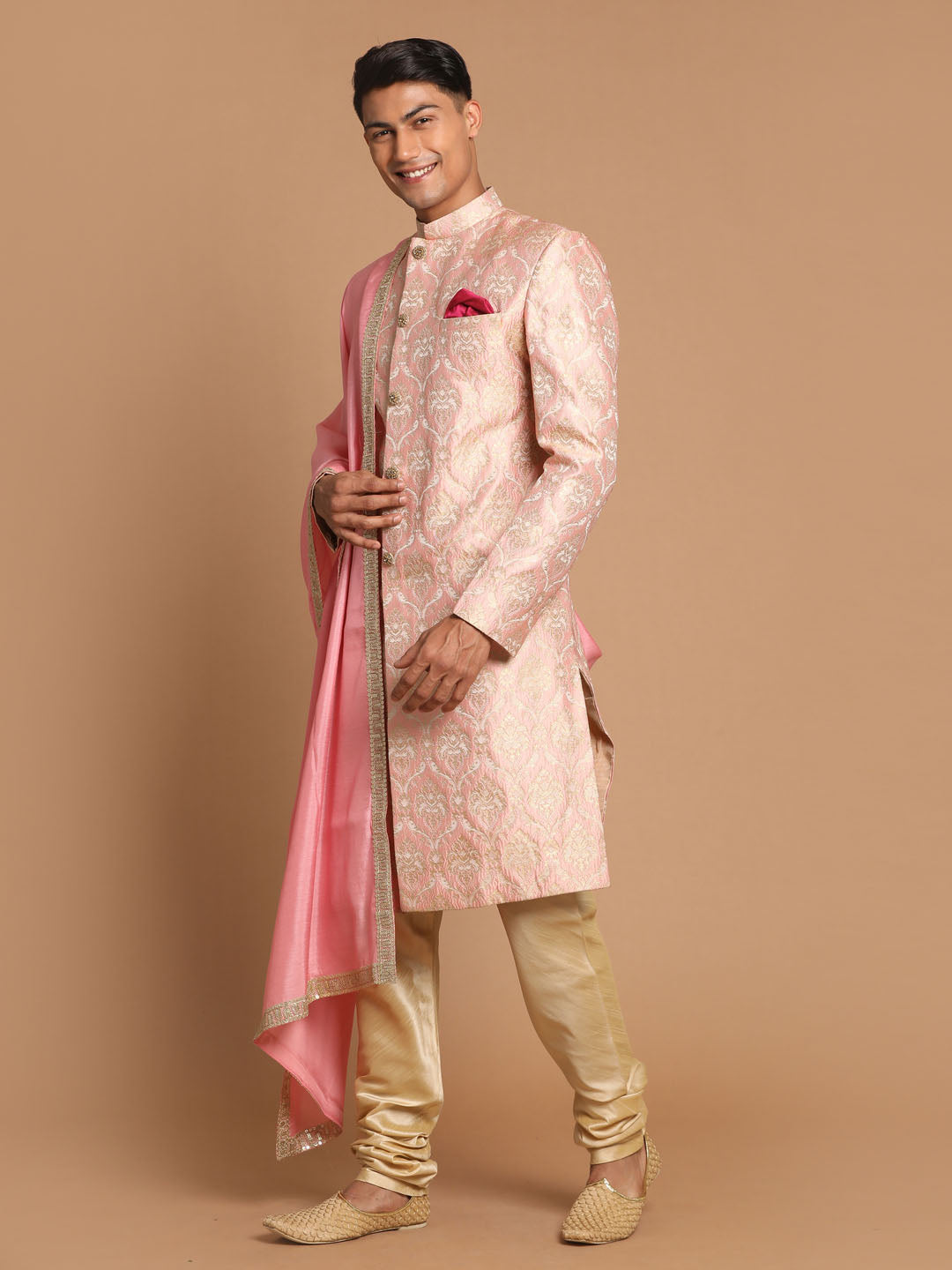 Men's Pink Silk Blend Straight Sherwani Set