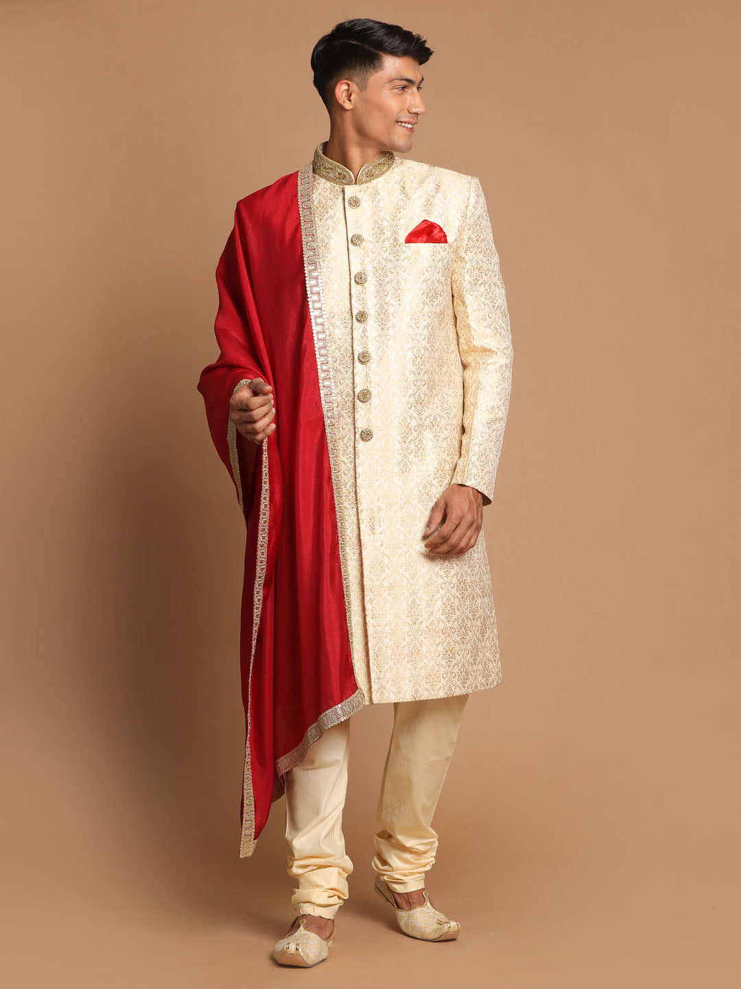 Men's Beige Maroon And Gold Silk Blend Straight Sherwani Set