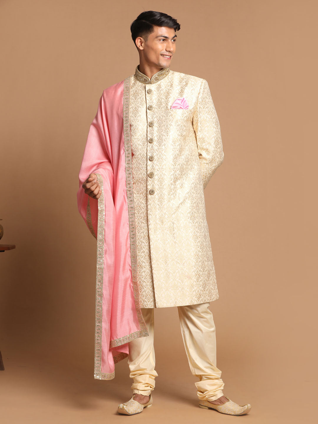 Men's Beige Pink And Gold Silk Blend Straight Sherwani Set