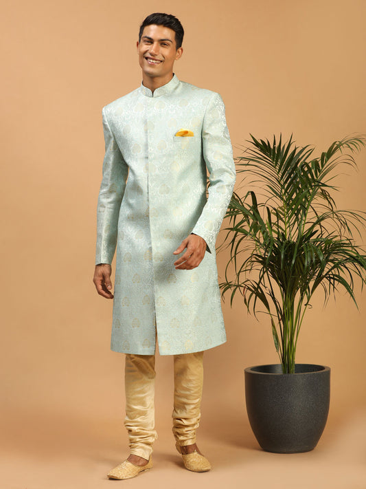 Men's Aqua Silk Blend Straight Sherwani Set