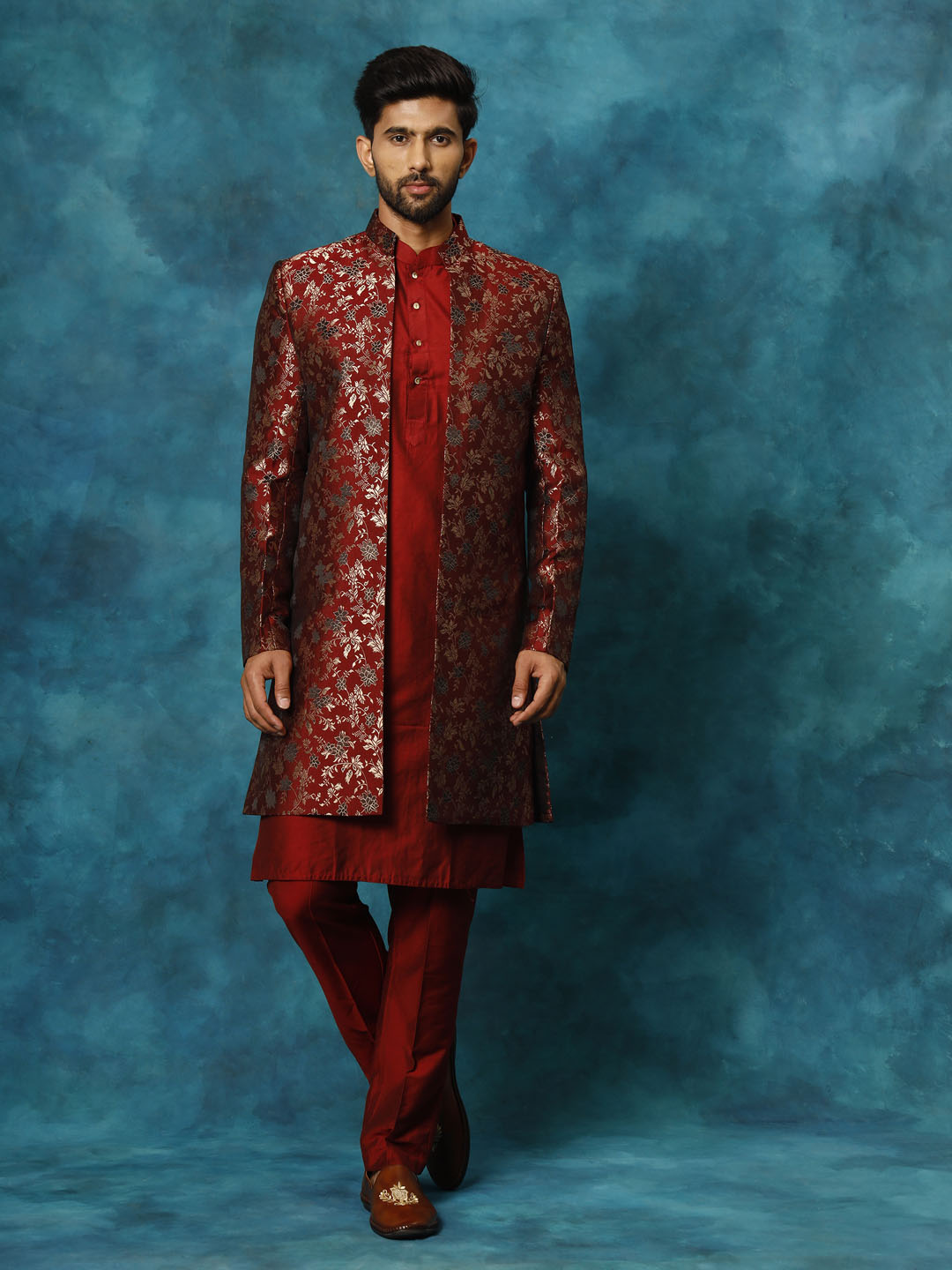 Men's Maroon Viscose Straight Sherwani Set